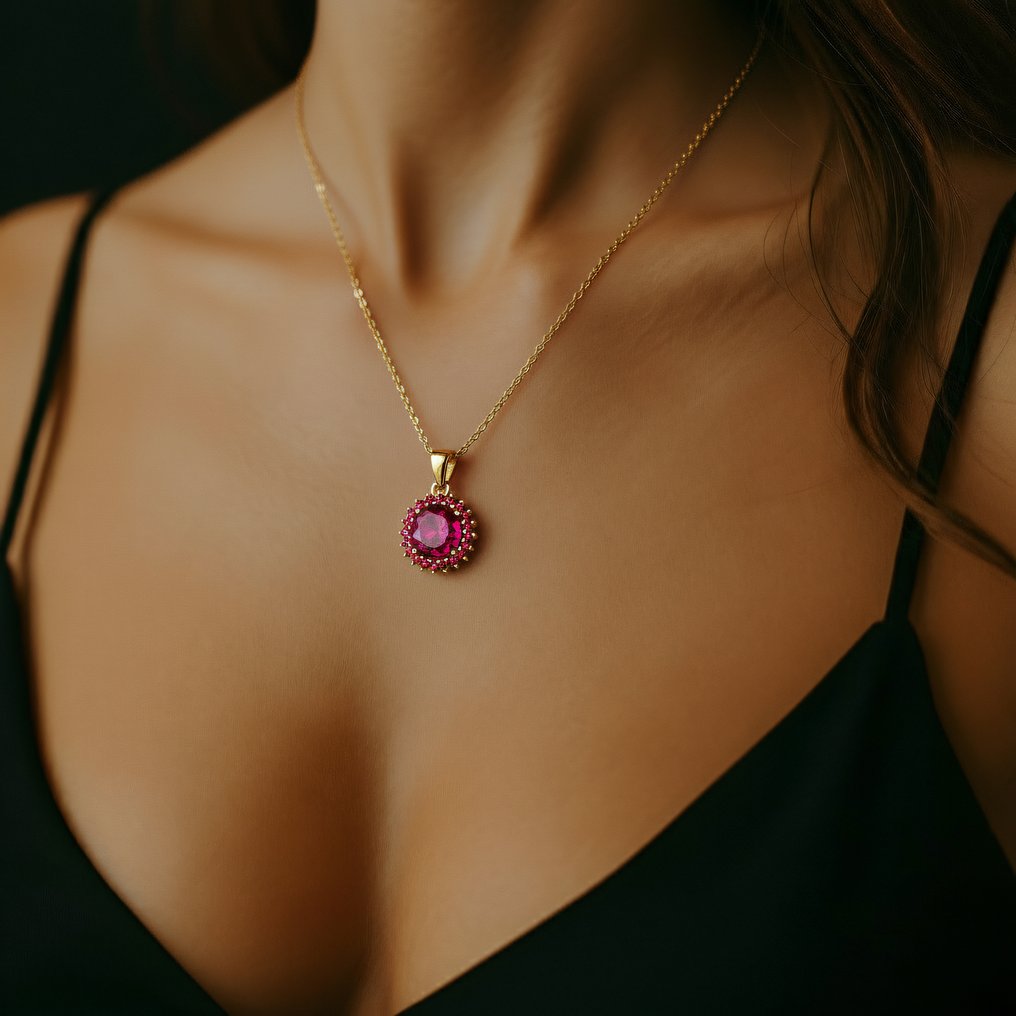 Sans prix de réserve - Collier - 14 carats Or jaune - 0.21ct. tw. Rhodolite #1.0