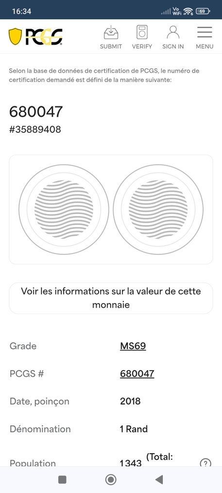 Dél-Afrika. 1 Rand 2018 Krugerrand, 1 Oz (.999), gradée par PCGS. MS69 (Nincs minimálár) #3.2