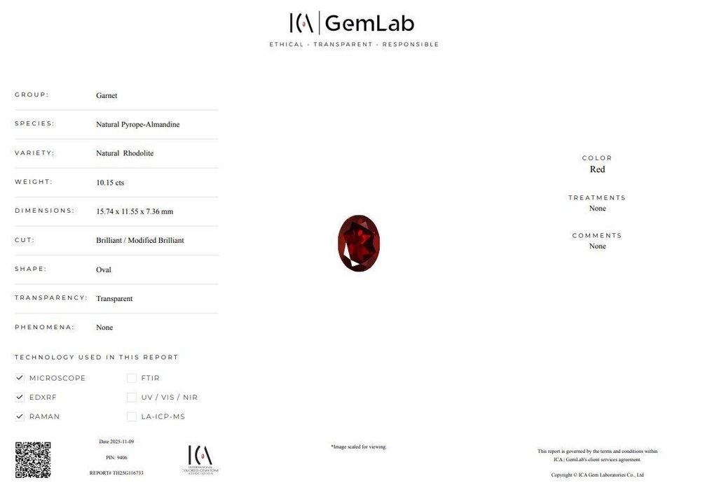 1 pcs Κόκκινο Ροδολίτης - 10.15 ct - Διεθνής Ένωση Έγχρωμων Πολύτιμων Λίθων (ICA GemLab) #3.2
