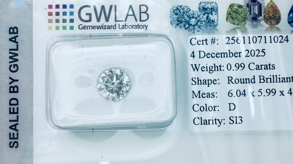 1 pcs Diamond  (Natural)  - 0.99 ct - Round - D (colourless) - SI3 - Gemewizard Gemological Laboratory (GWLab) - ( NATURAL ) #2.1