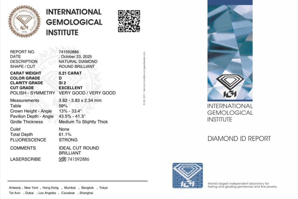 χωρίς τιμή ασφαλείας - 1 pcs Διαμάντι (Φυσικό) - 0.21 ct - Στρογγυλό - D (άχρωμο) - SI2 - International Gemological Institute (IGI) #4.3