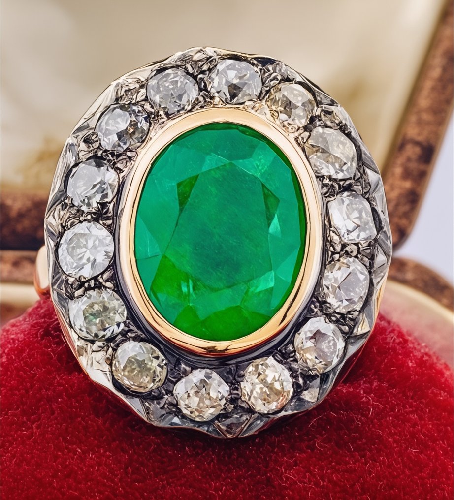 Ring - 12 karat Gull, Sølv Smaragd - Diamant #1.0