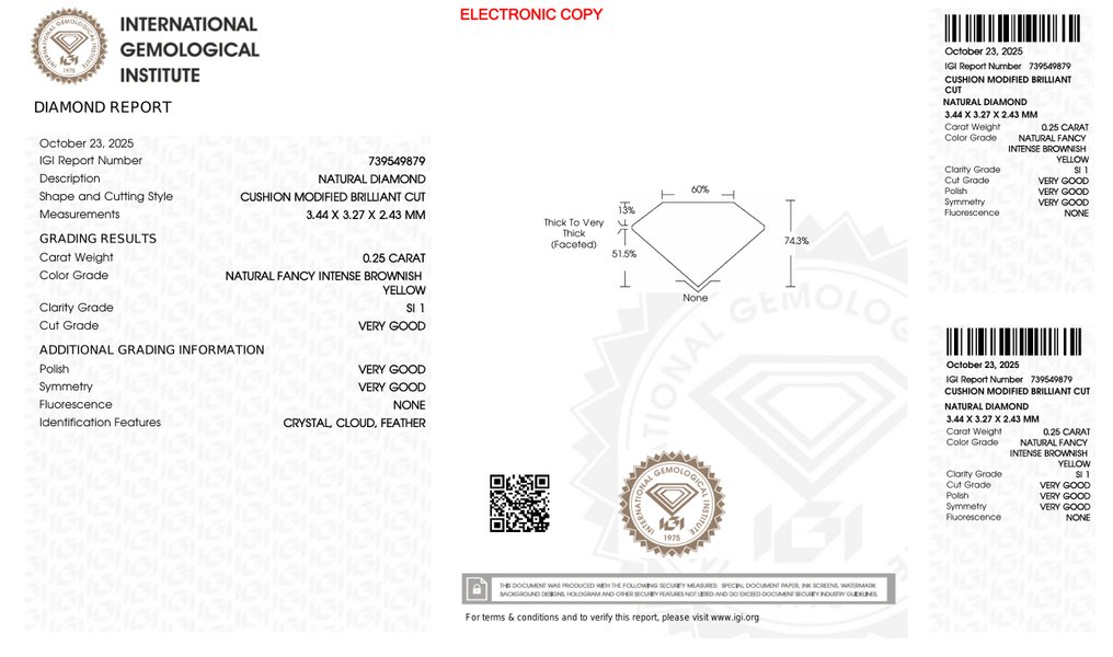 Nincs minimálár - 1 pcs Gyémánt  (Természetes)  - 0.25 ct - Párna - SI1 - Nemzetközi Gemmológiai Intézet (IGI) #4.3