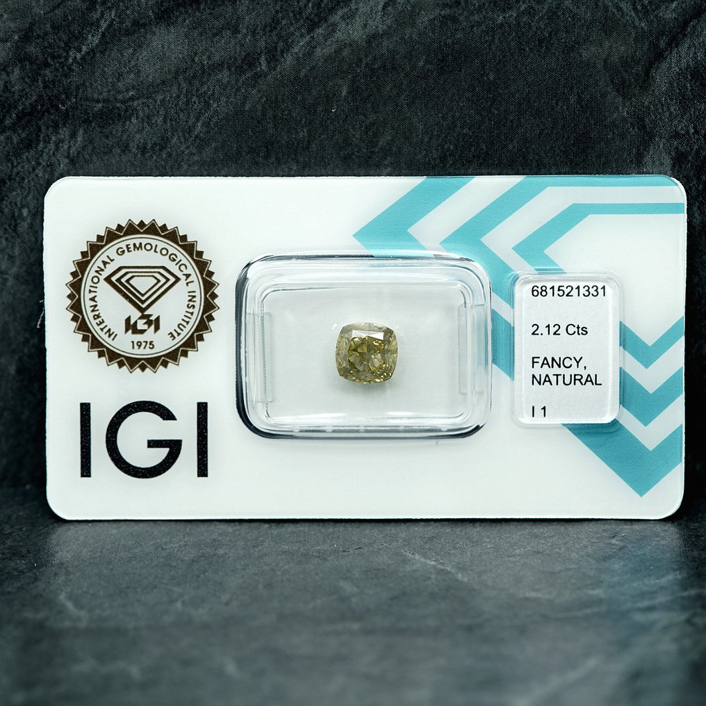 1 pcs 钻石  (天然色彩的)  - 2.12 ct - 枕形 - Fancy 稍帶灰色的 黄色 - I1 内含一级 - 国际宝石研究院（IGI） #1.0