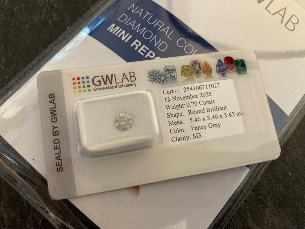 Sem preço de reserva - 1 pcs Diamante  (Colorido natural)  - 0.70 ct - Redondo - Fancy Cinzento - SI3 - Gemewizard Gemological Laboratory (GWLab) #2.1