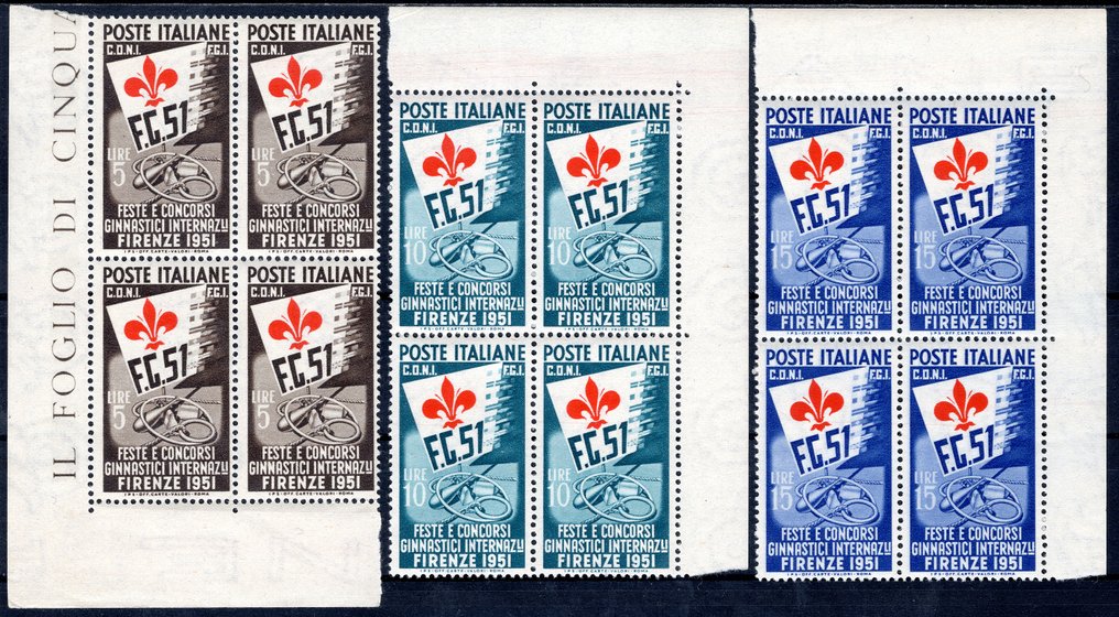 Italian Republic 1951 - "Ginnici" - The complete series in a new quartina format with an intact rubber and a corner of the - Sassone n. 661/663 #1.0