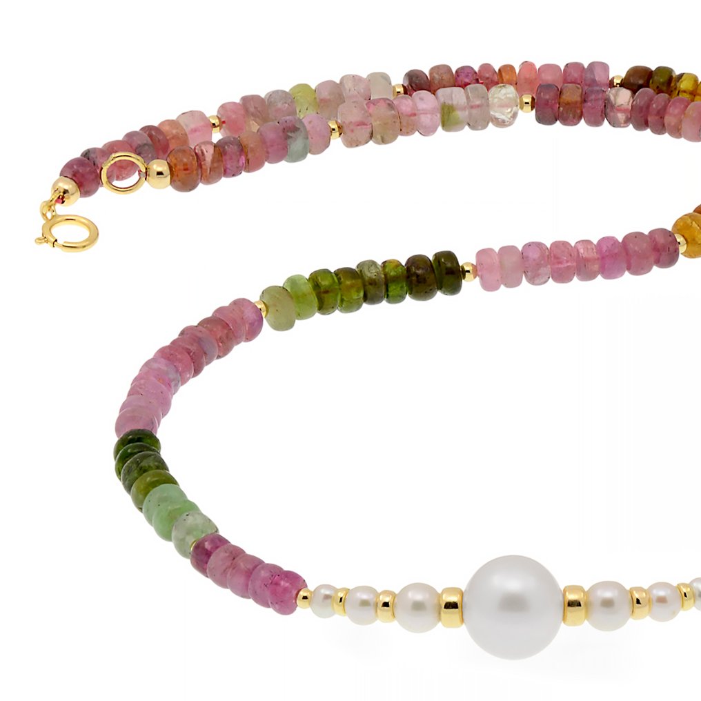 沒有保留價 - 頸鏈 - 18 克拉 黃金 珍珠 - 電氣石 #4.3