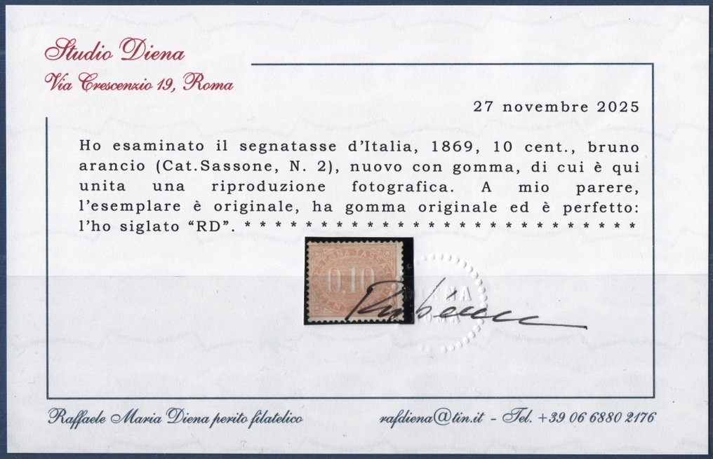 Royaume d’Italie 1869 - Segnatasse 10 c. bruno orange MLH* - Sassone N. 2 #2.1
