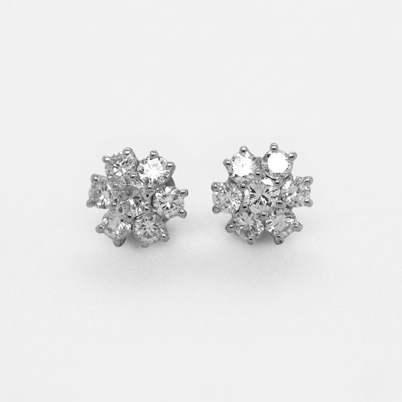 耳環 - 18 克拉 白金 鉆石 (天然)  - 花朵耳环 #1.0