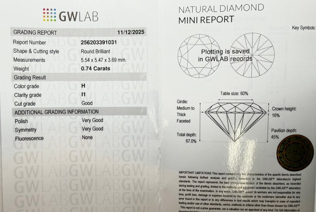 Utan reservationspris - 1 pcs Diamant (Natural) - 0.74 ct - Rund - H - I1 - Gemewizard Gemological Laboratory (GWLab) #2.1