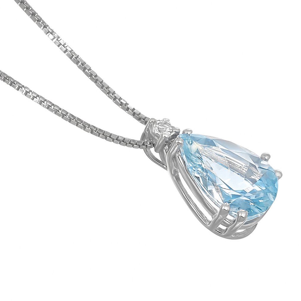 吊坠项链 - 18K包金 白金 -  1.98ct. tw. 海蓝宝石 - 钻石 #1.0