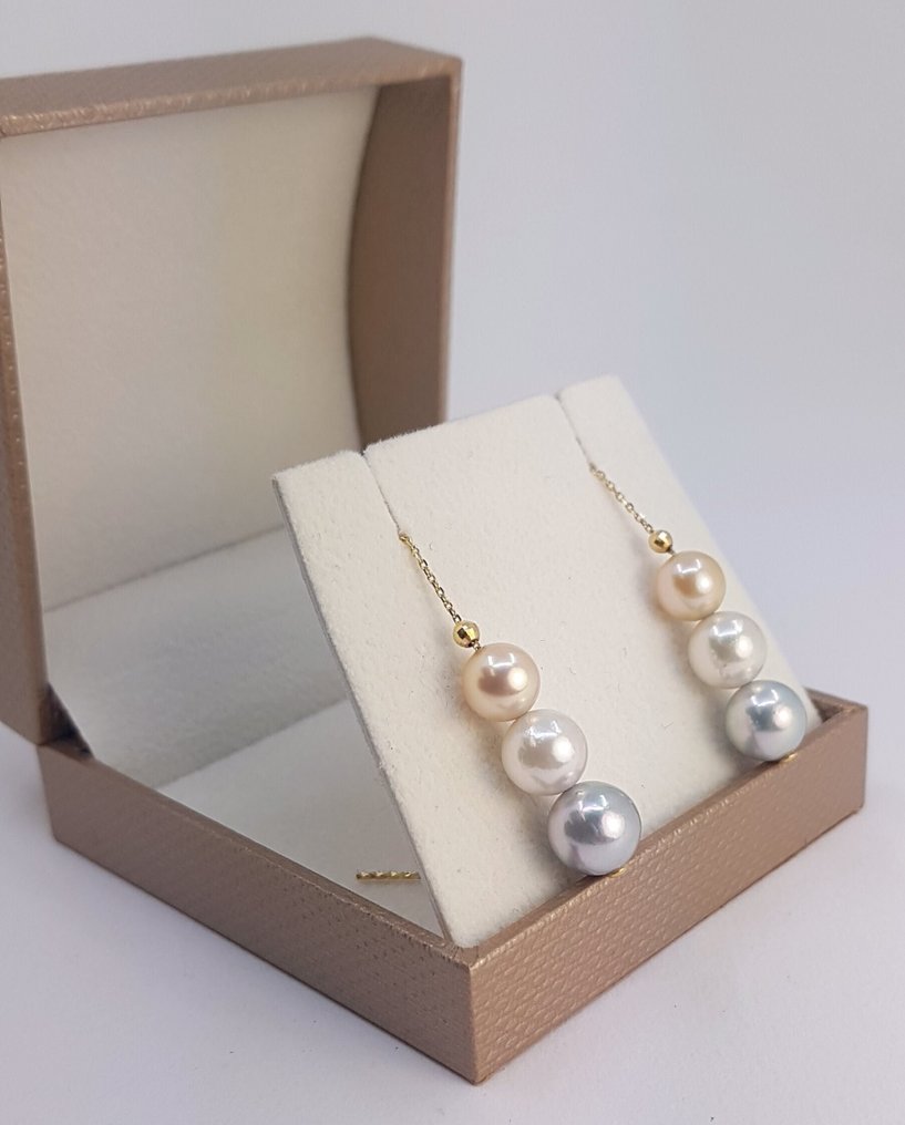 Drop fülbevaló - 18 kt. Sárga arany - 7x8,5 mm Akoya gyöngyök #1.0