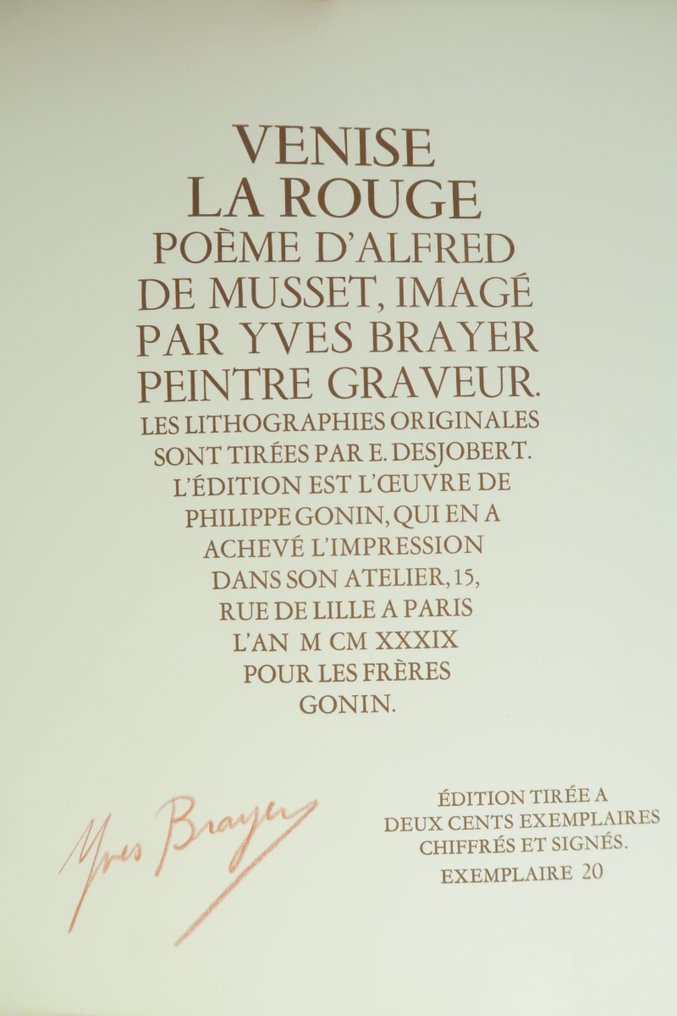 Alfred de Musset / Yves Brayer [signé], Philippe Gonin - ‎Venise la Rouge [avec dessin original + envoi de l'artiste ; n°20/200 sur vélin] - 1939 #3.2