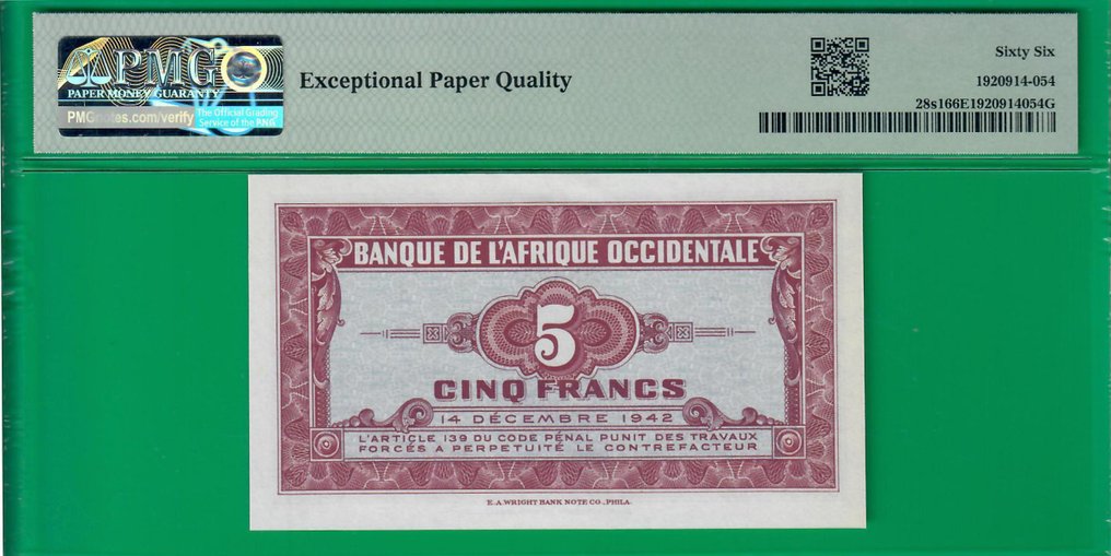 Frans-West-Afrika. - 5 francs 1942 - specimen - Pick 28s1 #2.1