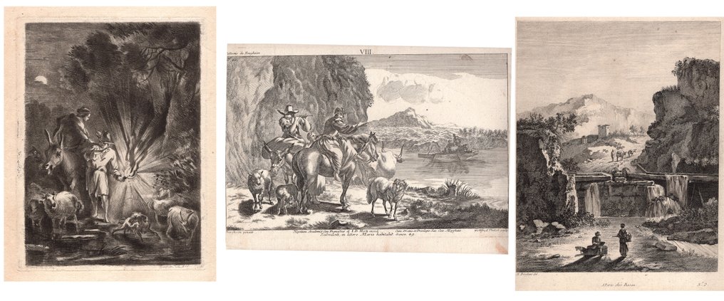 Nicolas Berchem (1620-1683) J. de Visscher (1666-1712) - Suite di 3 acqueforti paesaggi agresti #1.0