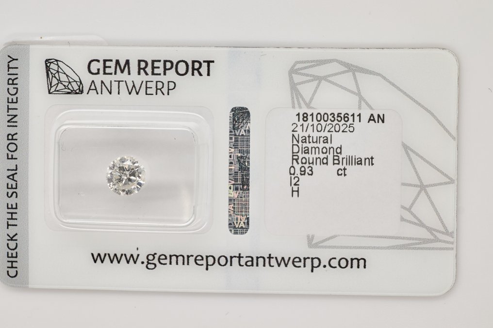 χωρίς τιμή ασφαλείας - 1 pcs Διαμάντι (Φυσικό) - 0.93 ct - Στρογγυλό - I2 - Gem Report Antwerp (GRA) #1.0