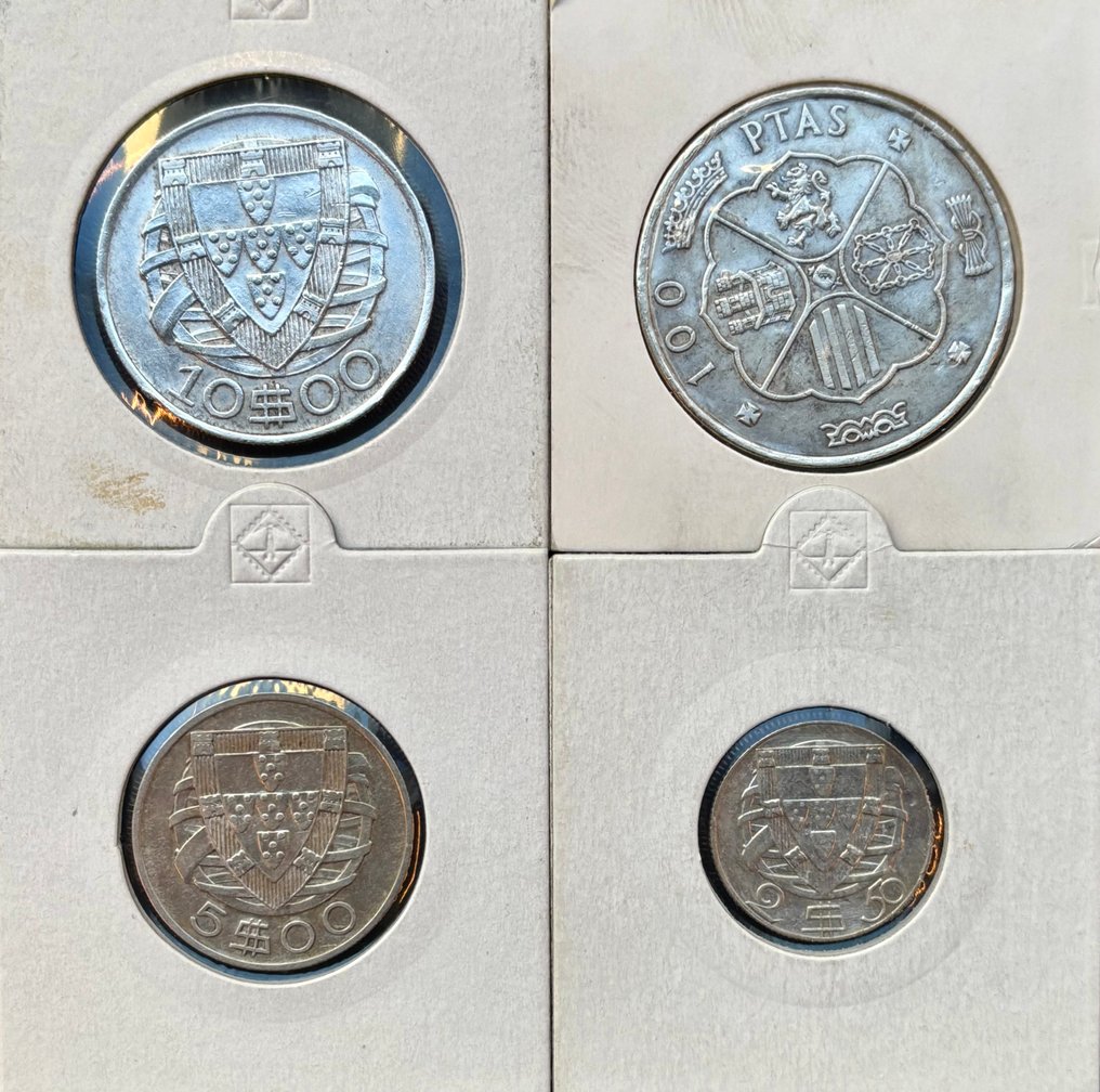 Portugal en Spanje. 10 Escudos 1932, 5 Escudos 1933, 2.5 Escudos 1951 e 100 Pesetas 1966 *67 (Zonder minimumprijs) #1.0