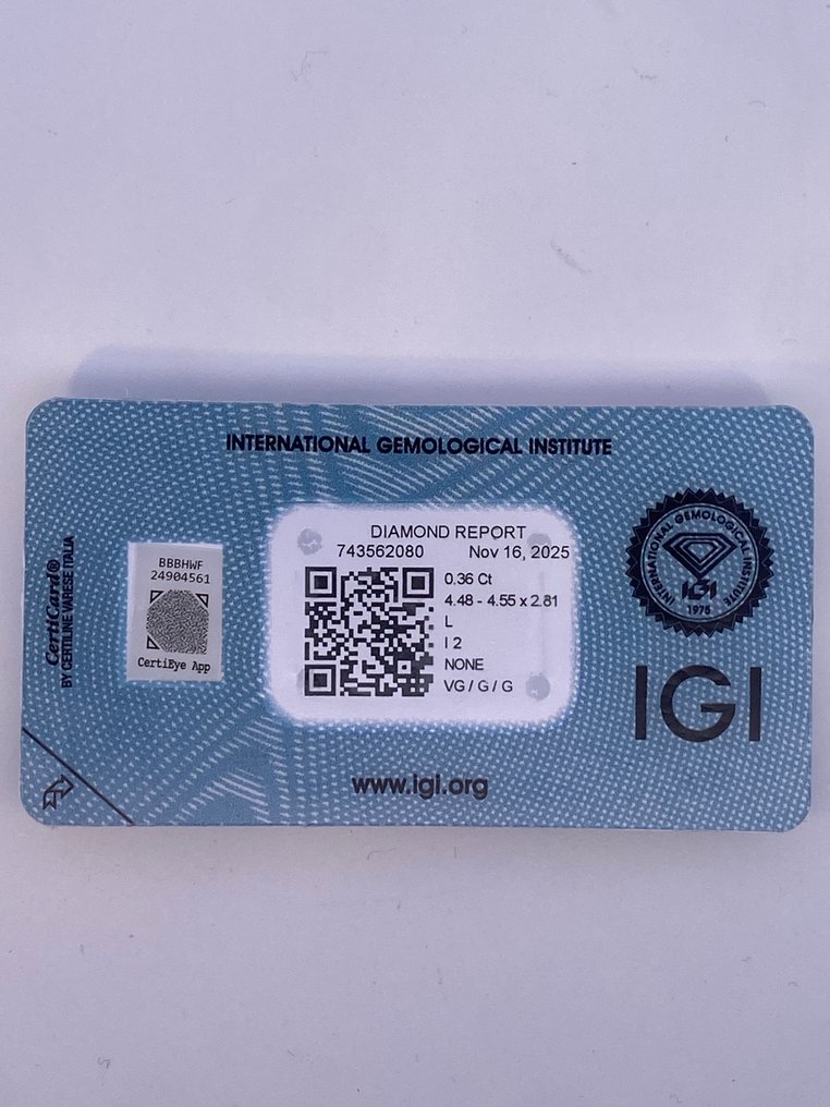 No reserve price - 1 pcs Diamond  (Natural)  - 0.36 ct - Round - L - I2 - International Gemological Institute (IGI) #2.1