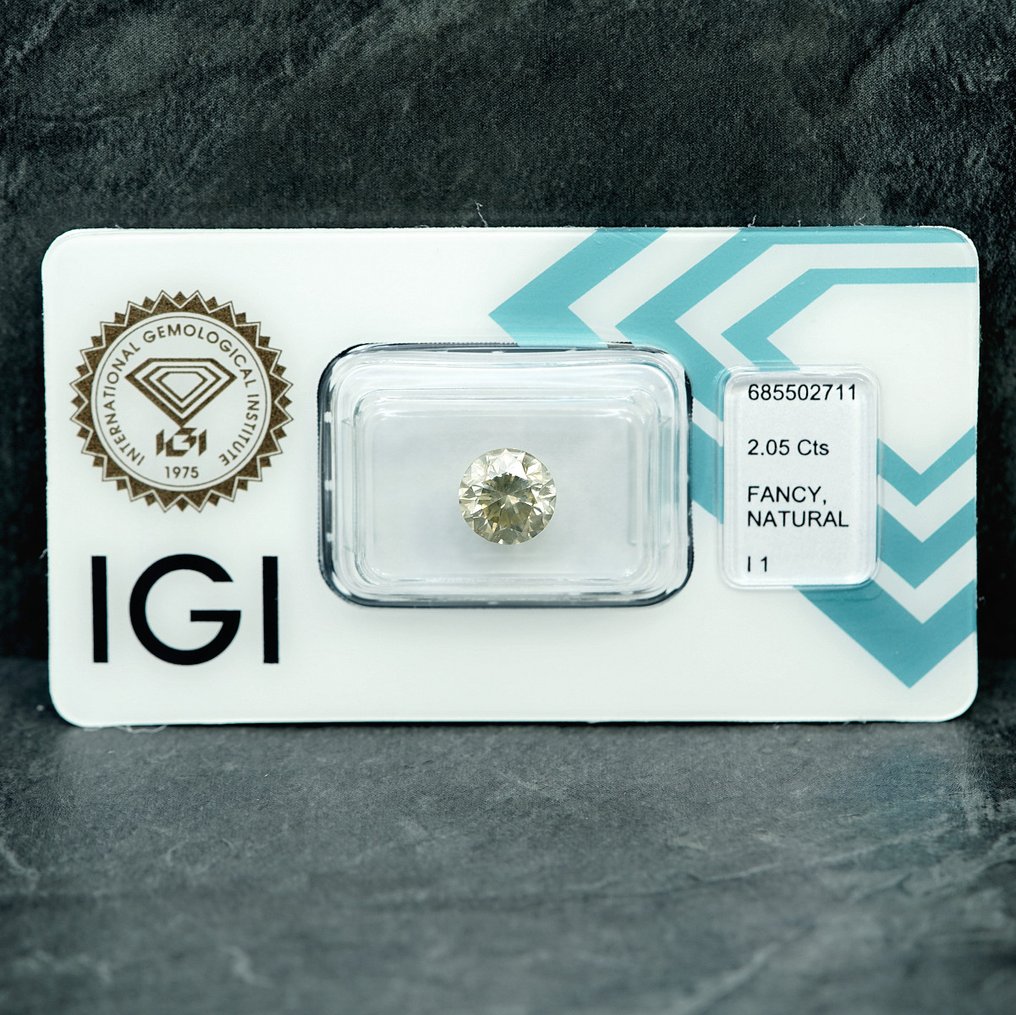 1 pcs 鑽石  (天然彩色)  - 2.05 ct - 圓形 - Fancy light 淡灰色 黃色 - I1 - 國際寶石學院（International Gemological Institute (IGI)） #1.0
