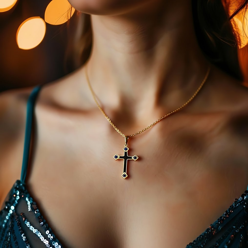 沒有保留價 - 頸鏈 - 14 克拉 黃金 - 0.04ct. tw. 藍寶石 #4.3