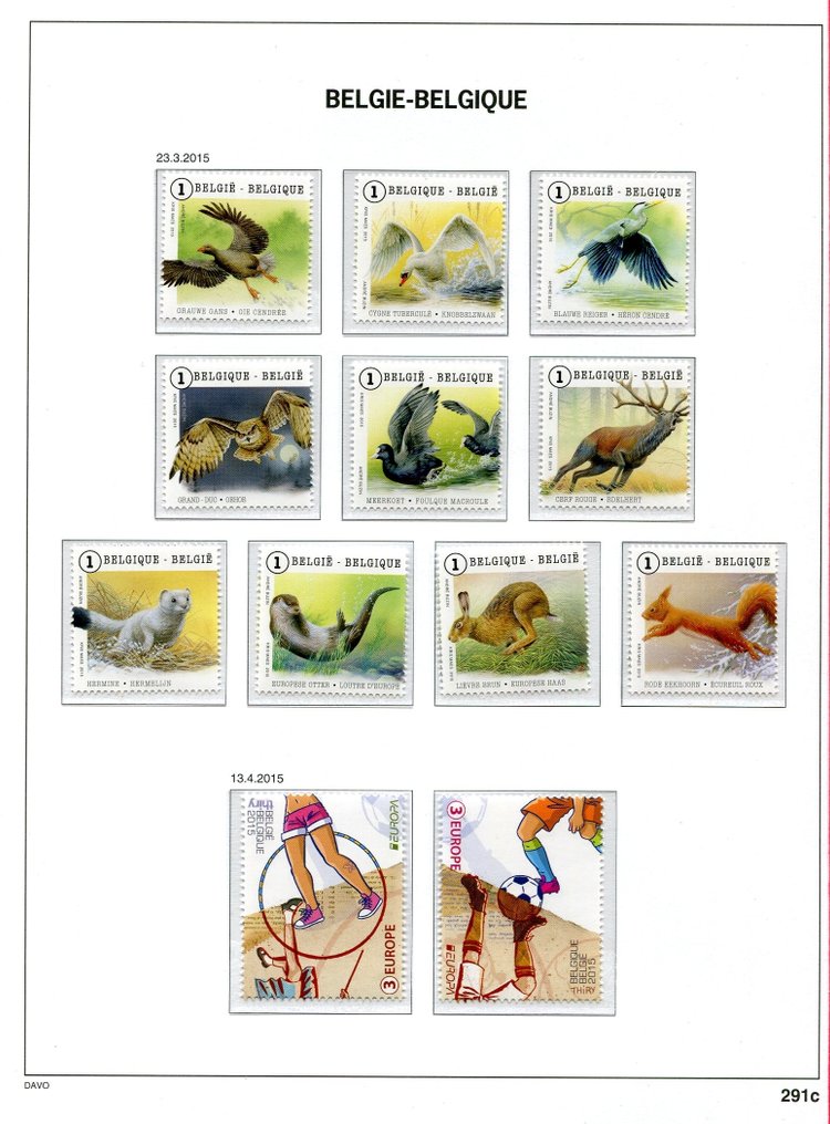 比利時 2015 - 来自块状和册子的邮票，贴在Davo相册页上。 #2.1