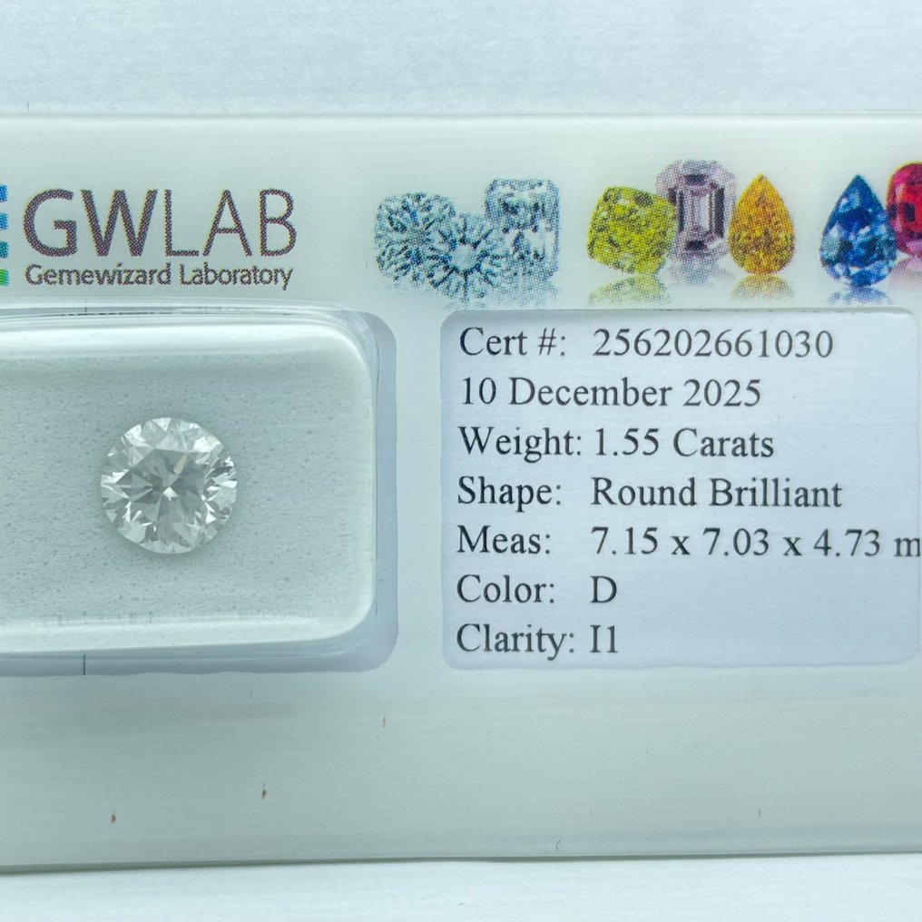 Fără preț de rezervă - 1 pcs Diamant  (Natural)  - 1.55 ct - Rotund - D (fără culoare) - I1 - GWLab (Laboratorul gemologic Gemewizard) #1.0
