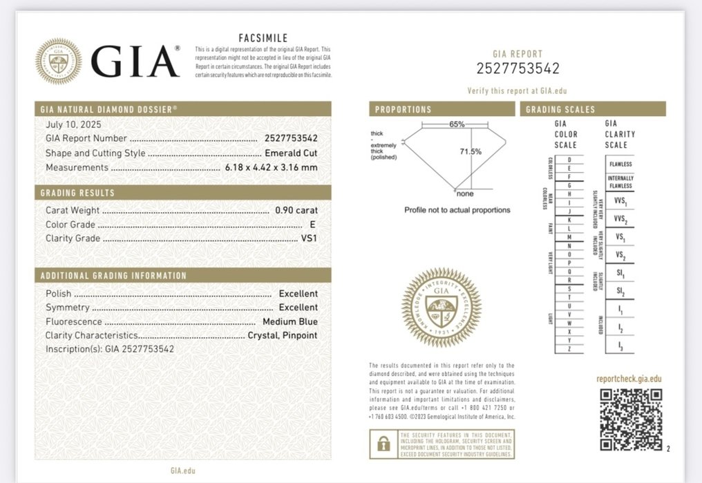 Zonder minimumprijs - 1 pcs Diamant (Natuurlijk) - 0.90 ct - Smaragd - E - VS1 - Gemological Institute of America (GIA) #4.3