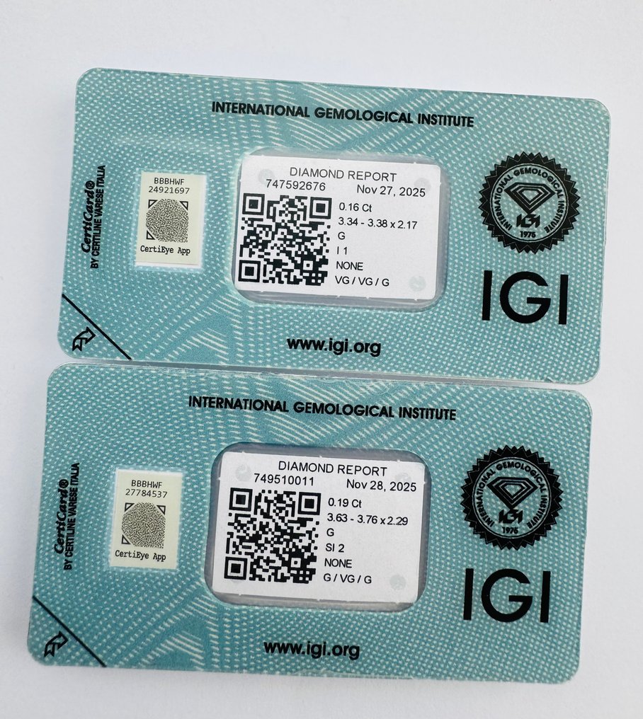χωρίς τιμή ασφαλείας - 2 pcs Διαμάντι (Φυσικό) - 0.35 ct - Στρογγυλό - G - SI2, I1 - International Gemological Institute (IGI) - Ζεύγος #1.0