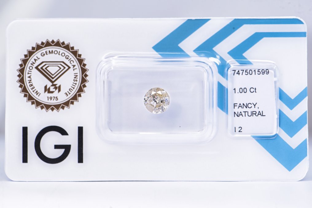 Fără preț de rezervă - 1 pcs Diamant (Colorat natural) - 1.00 ct - Rotund - Fancy light verzui, maroniu Galben - I2 - IGI (Institutul gemologic internațional) - VG VG #1.0