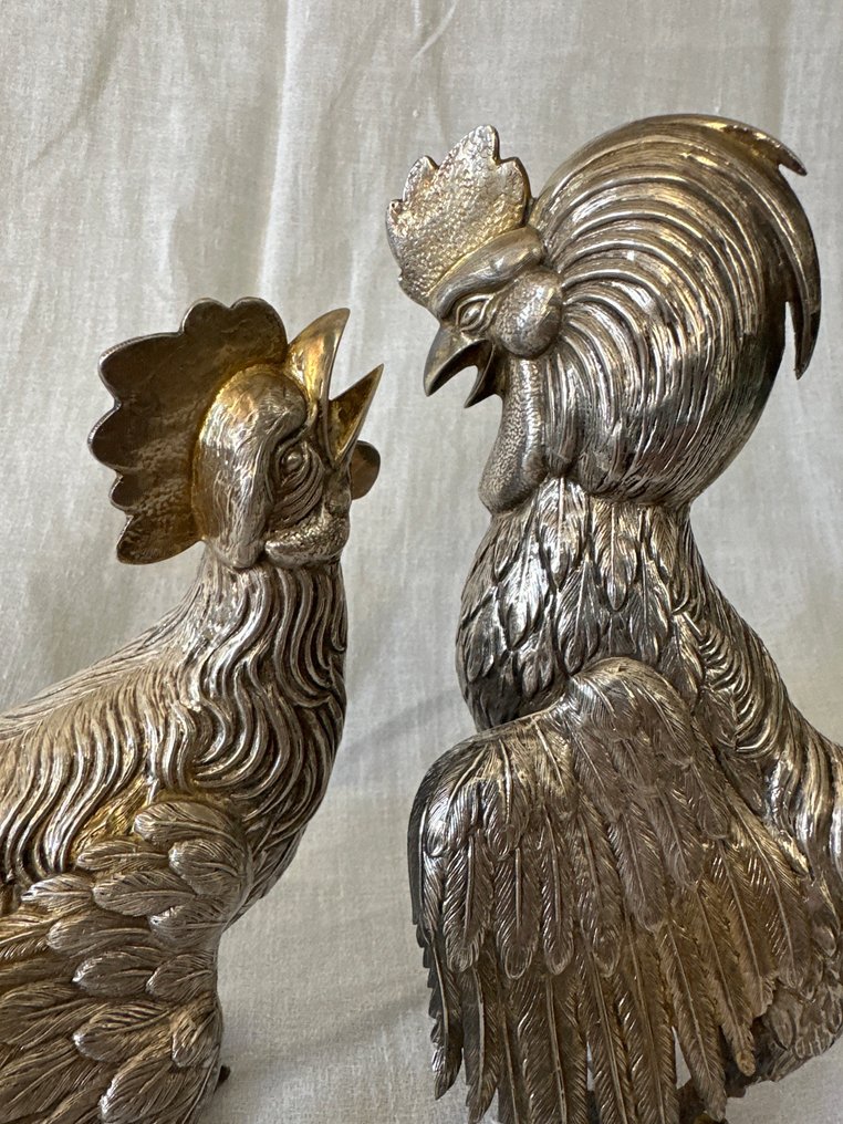 塑像, Pareja de gallina y gallo - 18 cm - 金属, 镀银 #1.0