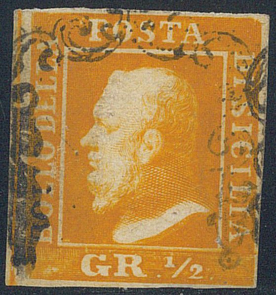 意大利古城邦-西西里  - 1/2克深橙色，编号1，边缘清晰，印章位置良好。证明：剩余。 #1.0