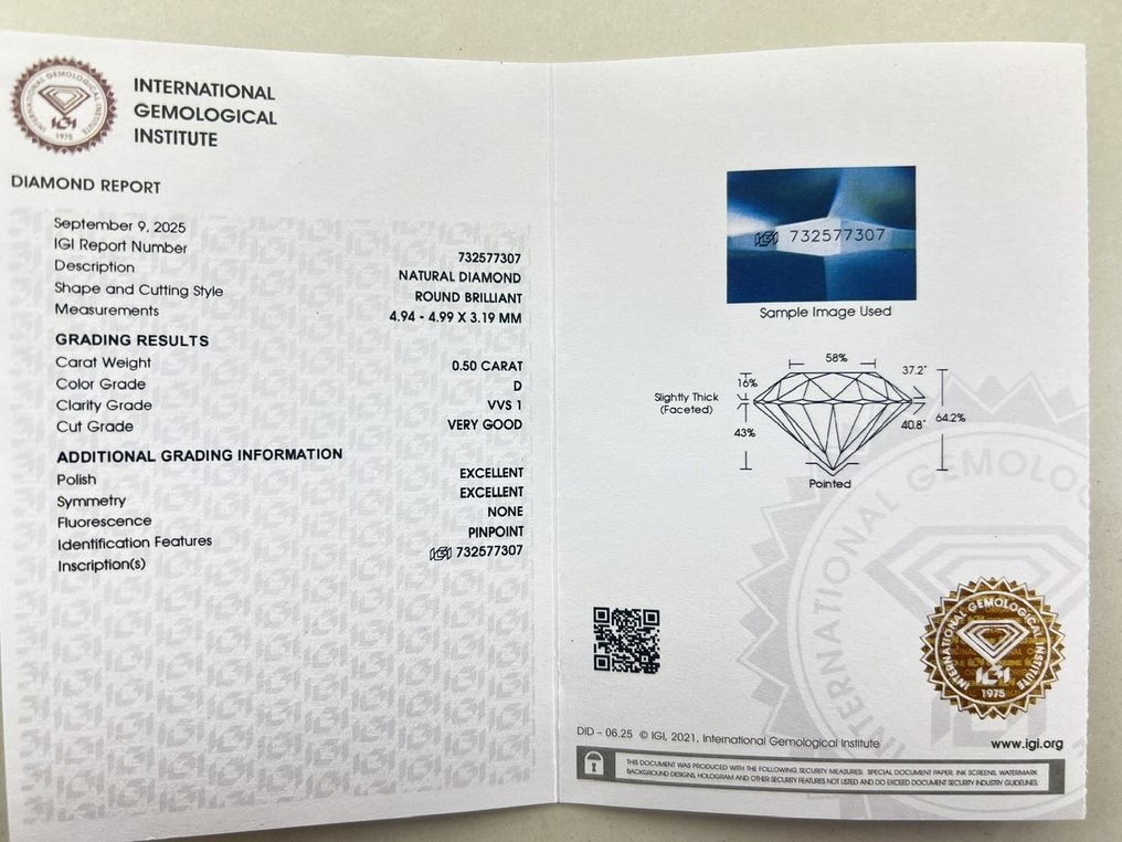 1 pcs 钻石 (天然) - 0.50 ct - 圆形 - D (无色) - VVS1 极轻微内含一级 - 国际宝石研究院(IGI) #3.2