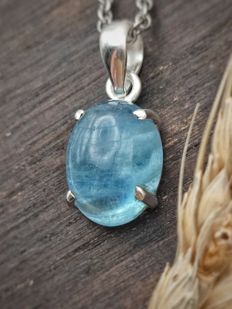 925 silver jewel with top-quality aquamarine, chain included - Height: 27 mm - Width: 10 mm- 7.9 g - (1) #1.0