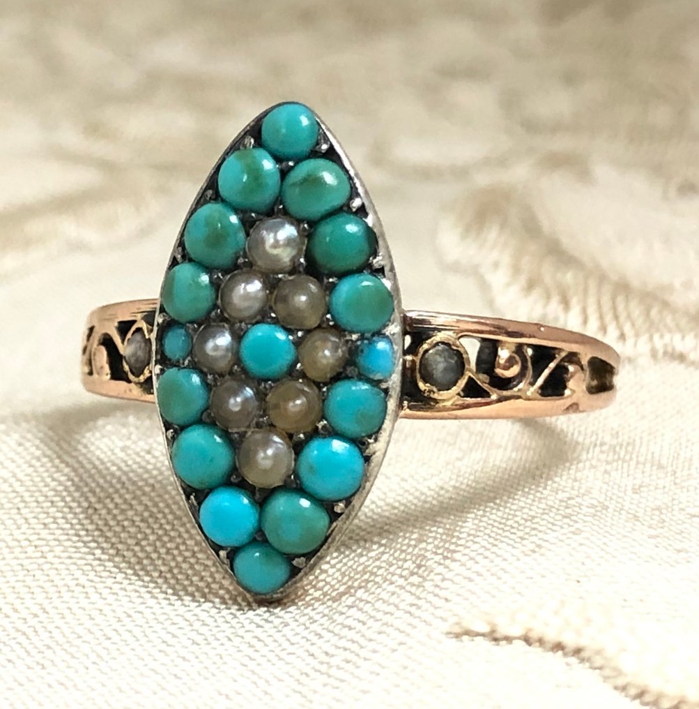 χωρίς τιμή ασφαλείας - Δαχτυλίδι - 18 καράτια Ροζ χρυσό, Ασημί - 0.30ct. tw. Τυρκουάζ - Μαργαριτάρι - 1900s #4.3