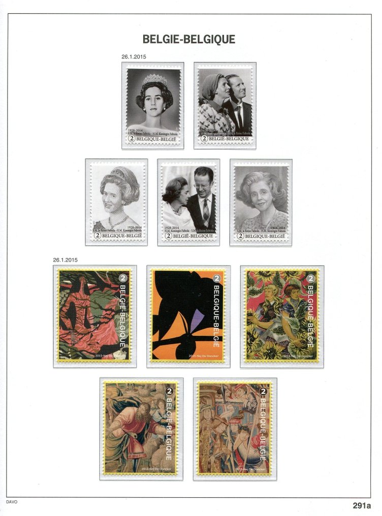 比利時 2015 - 来自块状和册子的邮票，贴在Davo相册页上。 #1.0