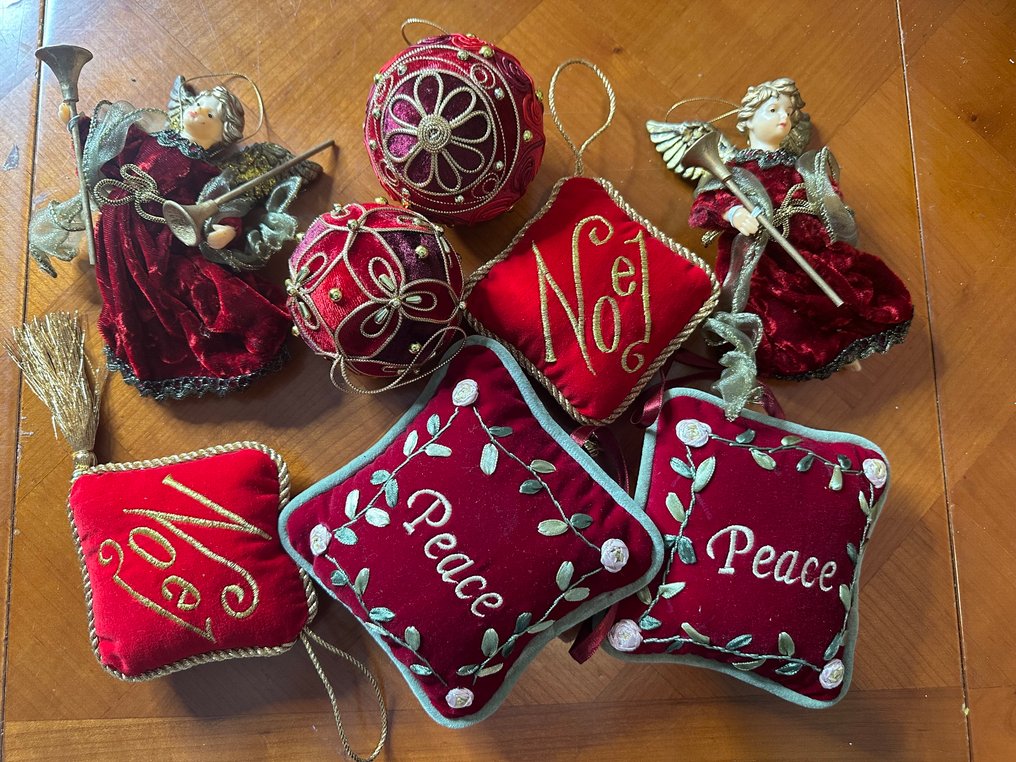 聖誕裝飾品 (8) - 两个天使音乐家，两个球和四个松树的表亲 - 絲絨, 塑料 #1.0