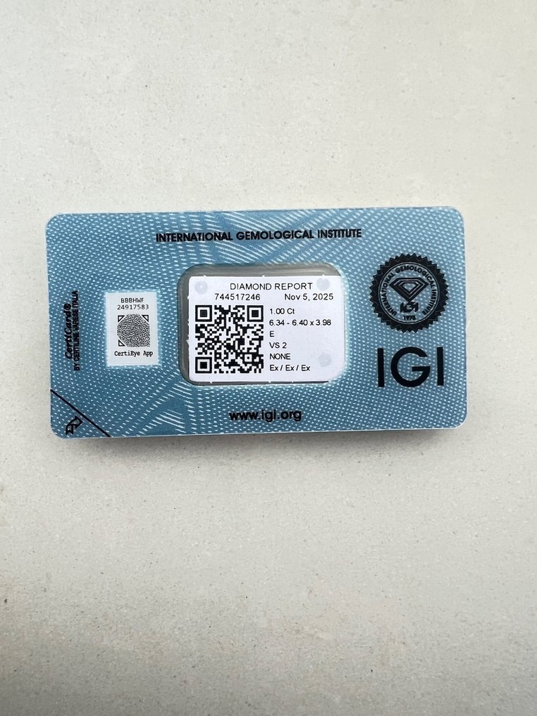 1 pcs 鑽石 (天然) - 1.00 ct - 圓形 - E(近乎完全無色) - VS2 - 國際寶石學院(International Gemological Institute (IGI)) #2.1