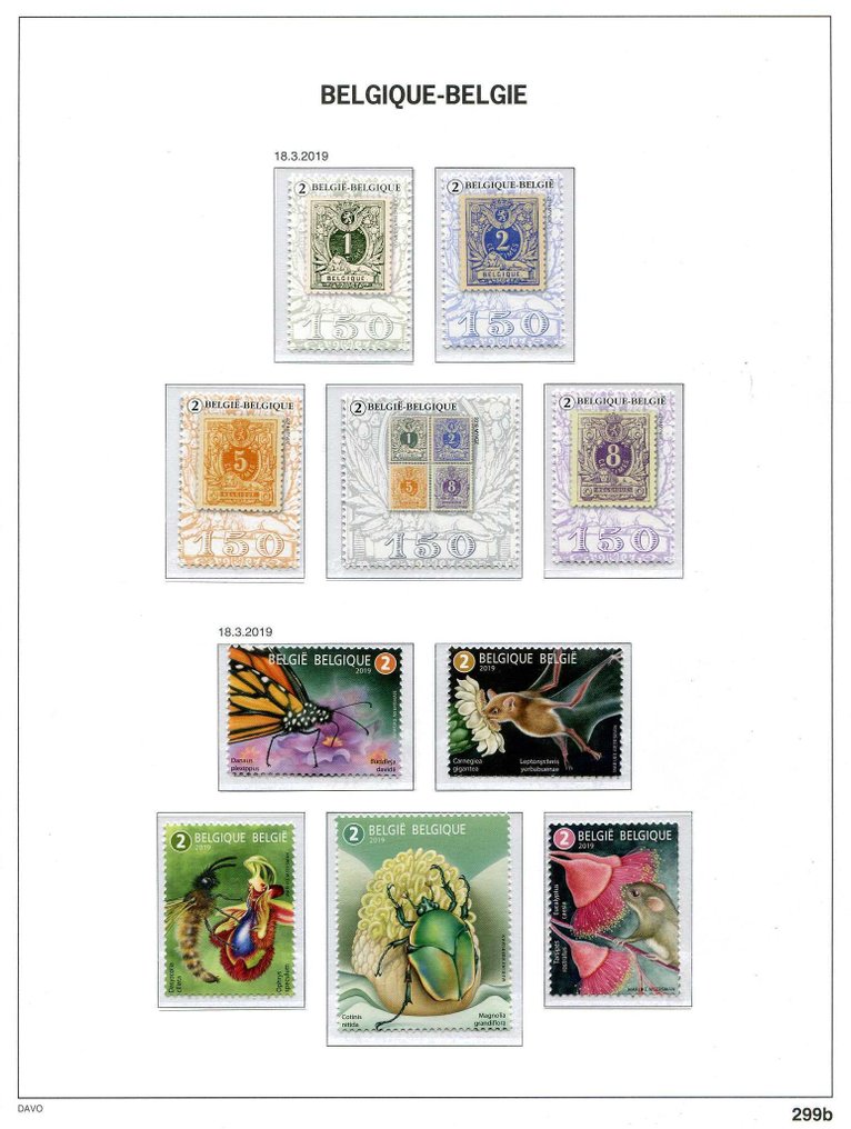 比利時 2019 - 来自块状和册子的邮票，贴在Davo相册页上。 #1.0