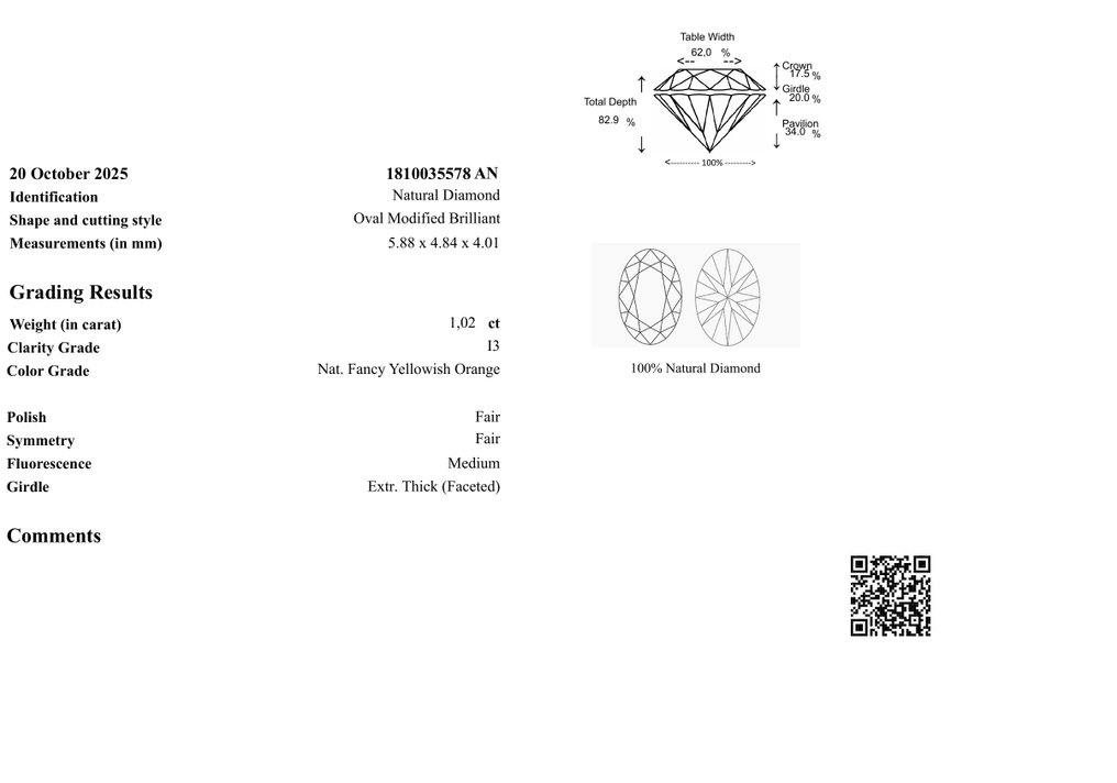 No reserve price - 1 pcs Diamond  (Natural)  - 1.02 ct - Oval - I3 - Gem Report Antwerp (GRA) #3.2