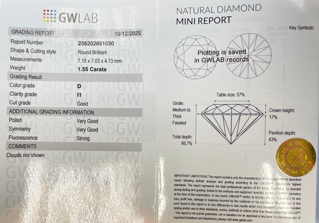 Fără preț de rezervă - 1 pcs Diamant  (Natural)  - 1.55 ct - Rotund - D (fără culoare) - I1 - GWLab (Laboratorul gemologic Gemewizard) #2.1