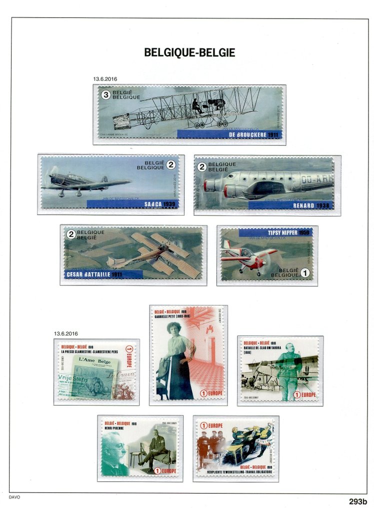 比利時 2016 - 来自块状和册子的邮票，贴在Davo相册页上。 #1.0