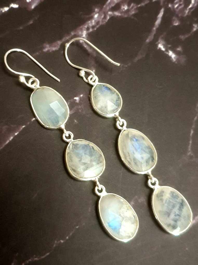 Silber, Rainbow Moonstone - Tropfenohrringe #1.0