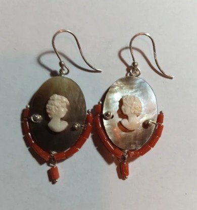 没有保留价 - 耳环 银 珊瑚 - 鲍鱼浮雕耳环 #1.0