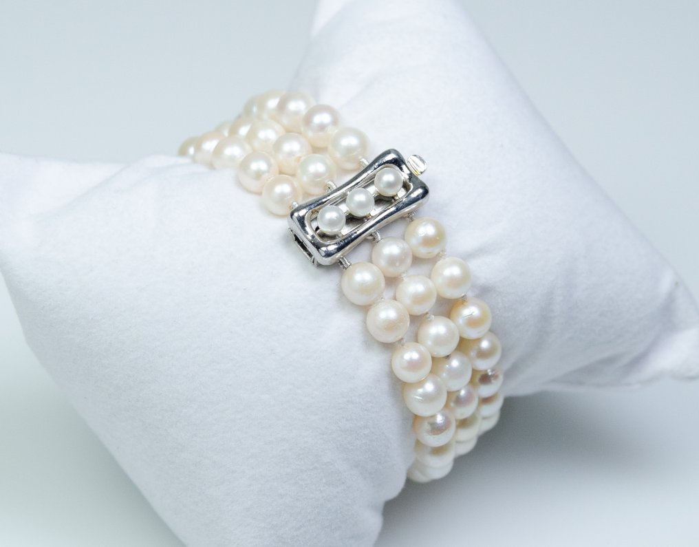 沒有保留價 - 手鈪 - 835银 - Akoya珍珠 - 三排式 #1.0