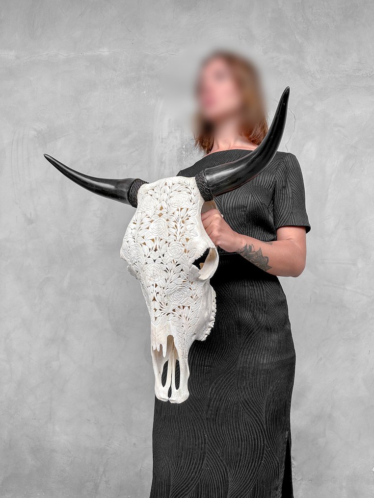 Χωρίς ελάχιστη τιμή - Εντυπωτικό μεγάλο λευκό σκαλιστό κρανίο ταύρου - Θέμα τριαντάφυλλα. Λαξεμένο κρανίο - Bos Taurus - 57 cm - 58 cm - 23 cm- Είδη που δεν ανήκουν στο CITES -  (1) #1.0
