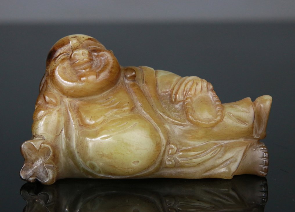 Γελαστός Βούδας, Λιτή Γλυπτική - Γλυπτό Αγαλματίδιο - Σερπεντίνη - Pierre Dure - Κίνα - 20th century #1.0
