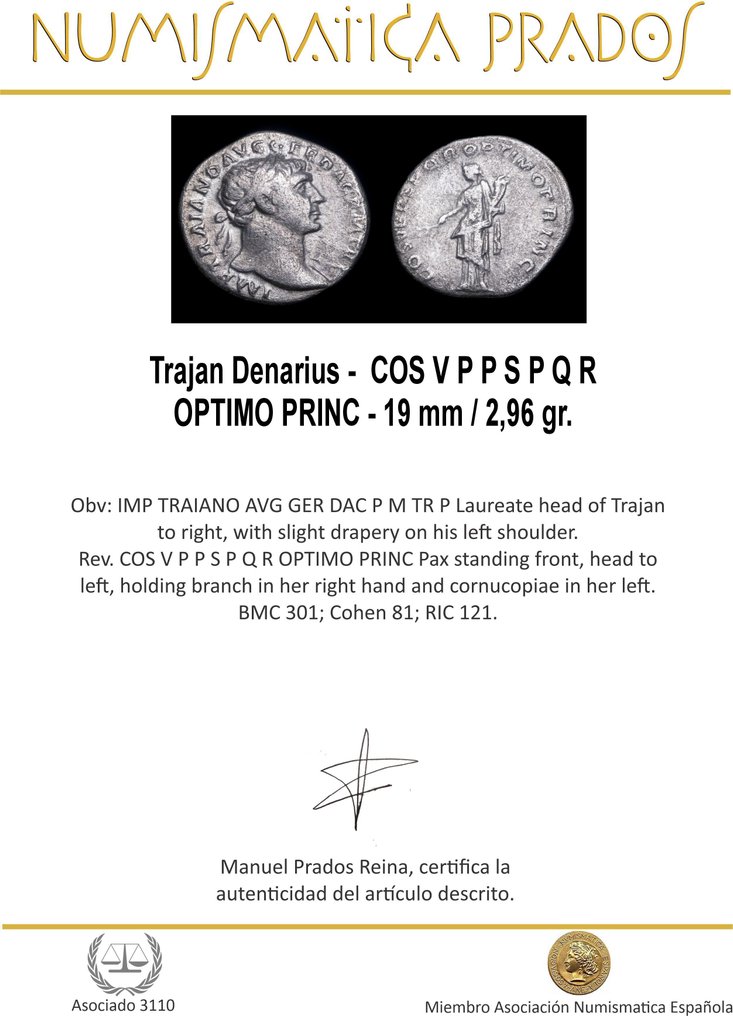 Impero romano. Traiano (98-117 d.C.). Denarius COS V P P S P Q R OPTIMO PRINC  (Senza prezzo di riserva) #1.0