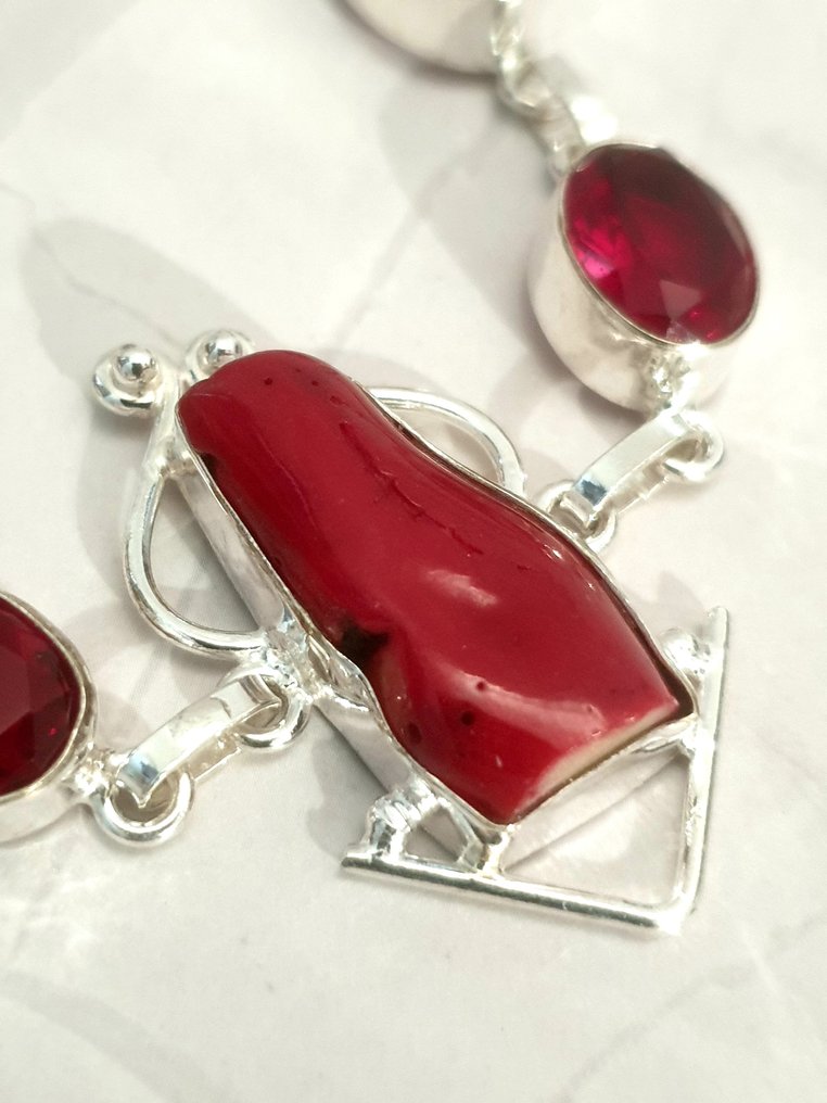 銀, 意大利红珊瑚，红石榴石 - 手鈪 #4.3