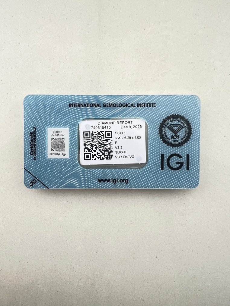 No reserve price - 1 pcs Diamond (Natural) - 1.01 ct - Round - F - VS2 - International Gemological Institute (IGI) #2.1