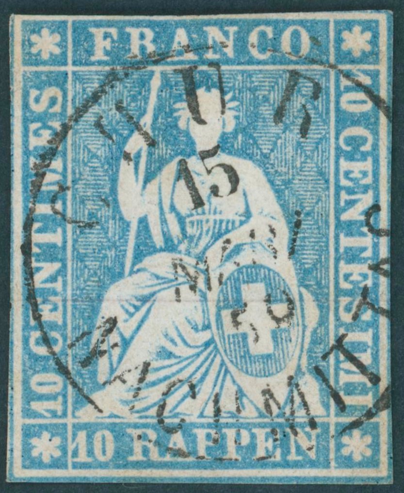 Schweiz 1959 - Schweiz - Strubel - sauber und sehr farbfrisch 10 Rp blau aus CHUR 15. März 59" Zst,Nr., 23 Cd Befund Emil Rellstab #1.0